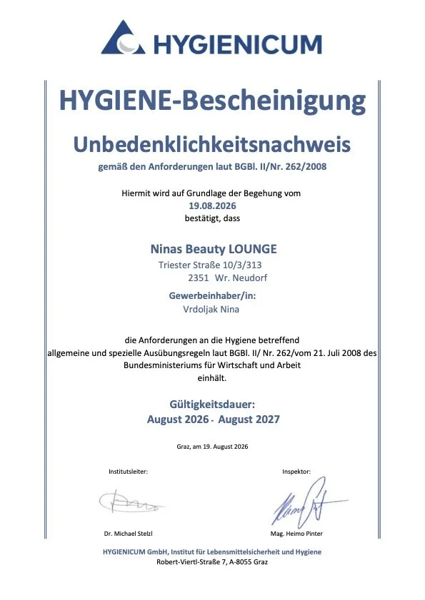 HYGIENICUM Hygiene-Bescheinigung für Nina’s Beauty LOUNGE